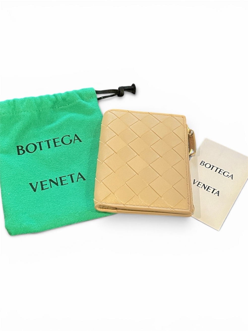 Bottega Veneta Intrecciato Nappa Leather Bi-Fold Wallet Ecru Beige Gold NWT